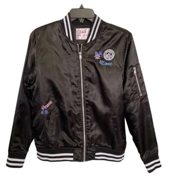 NEW Girls Justice Peace and Love Black Bomber Jacket Size XL 16/18 - Picture 3 of 11